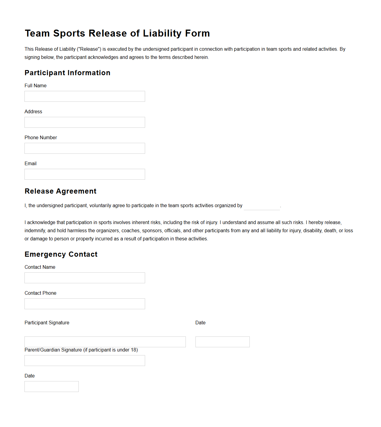 Team Sports Release of Liability Form