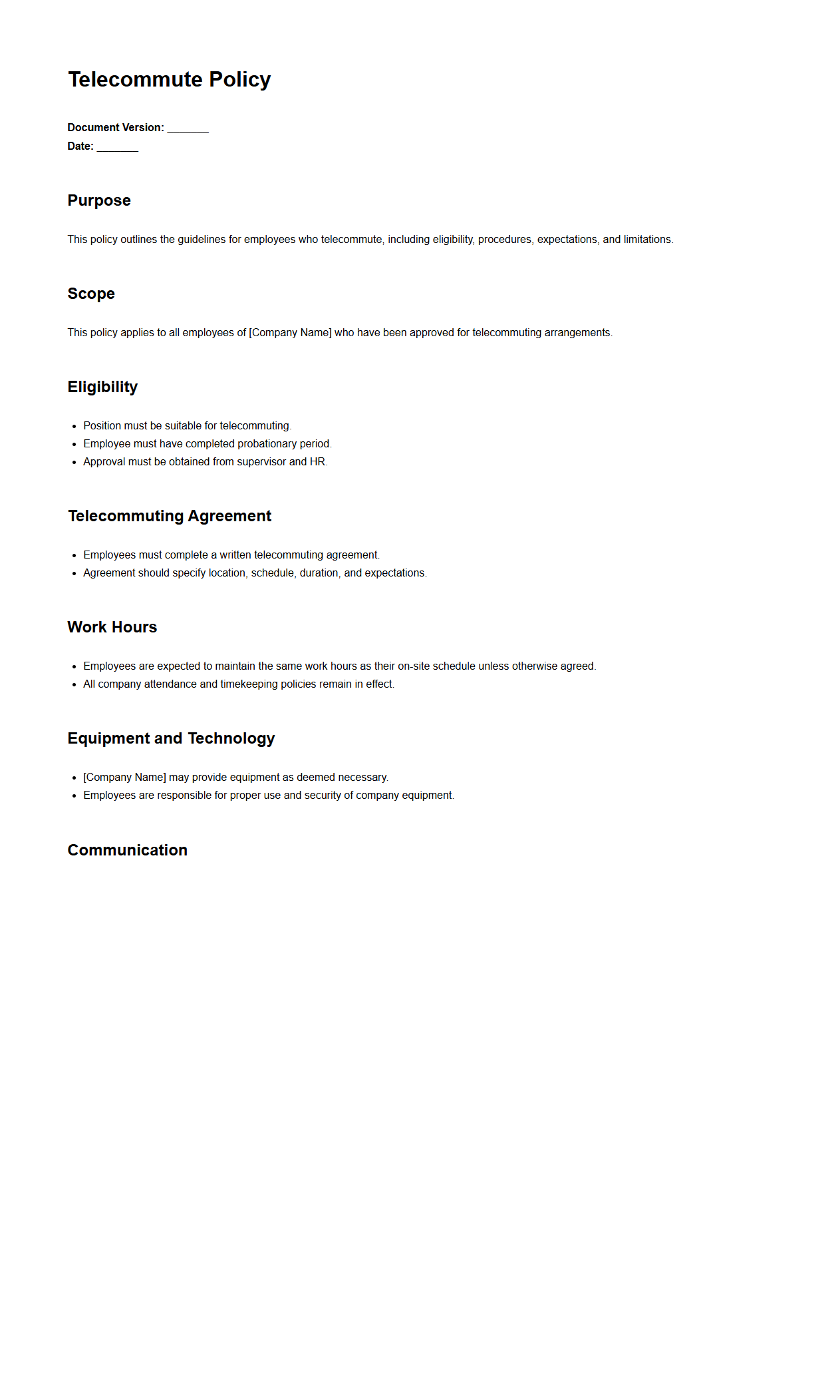 Telecommute Policy Blank Sample Document
