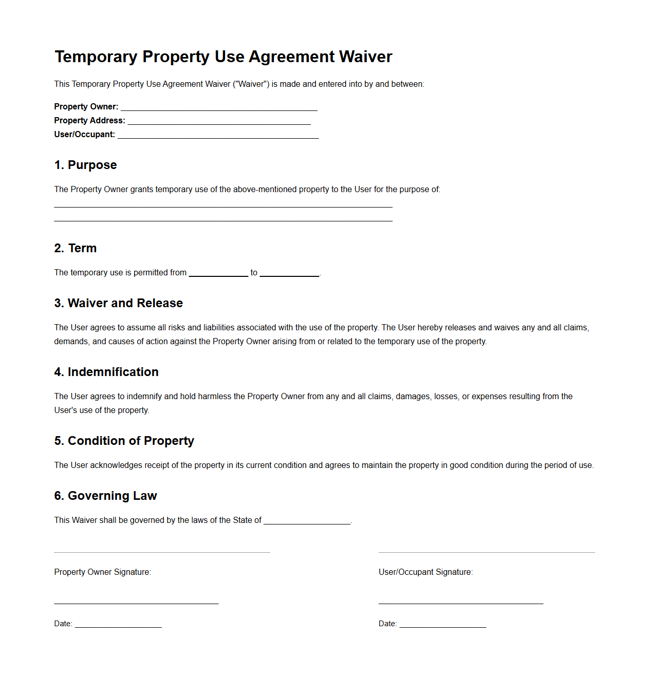 Temporary Property Use Agreement Waiver