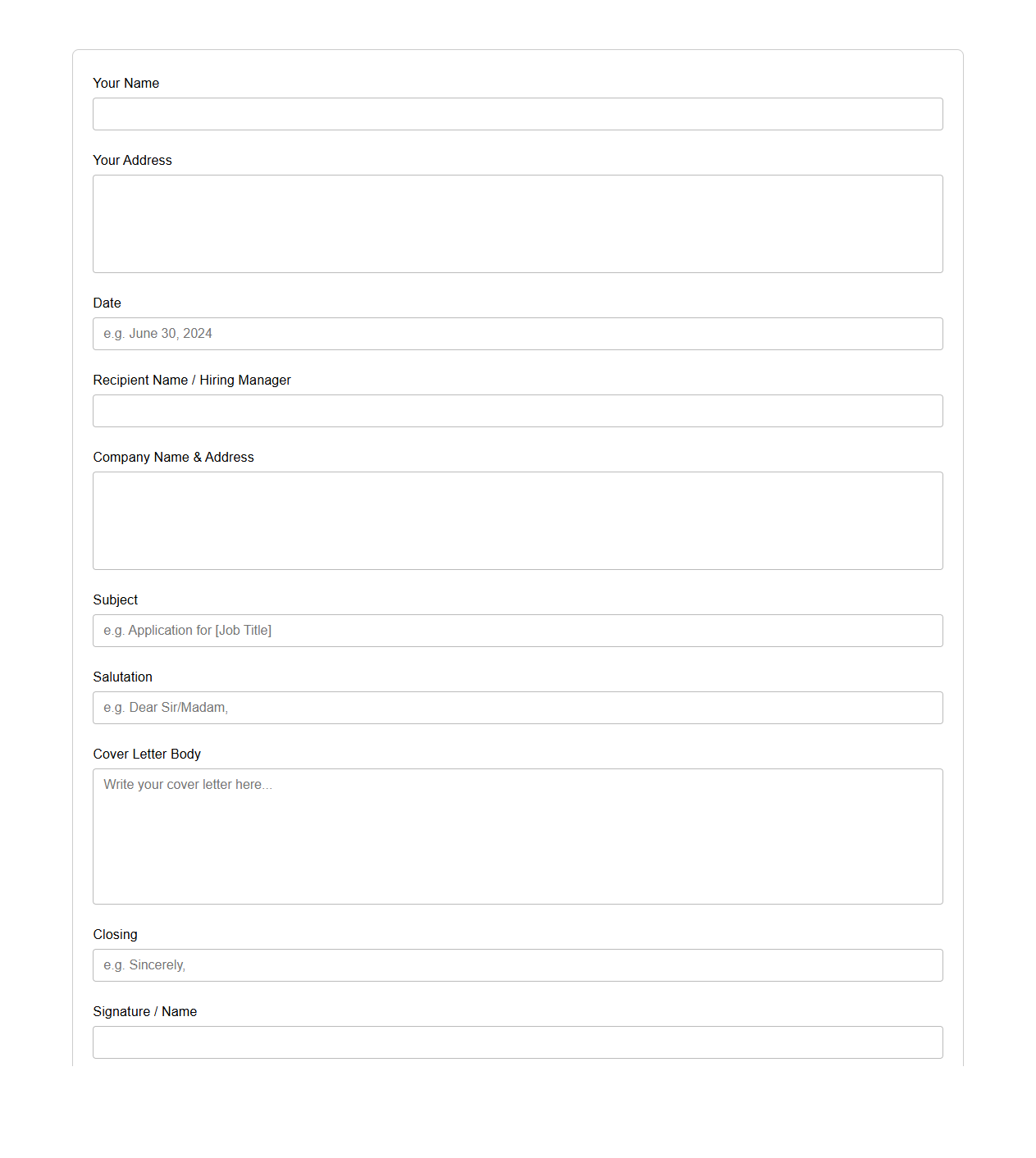 Traditional Blank Cover Letter Form for Office Jobs
