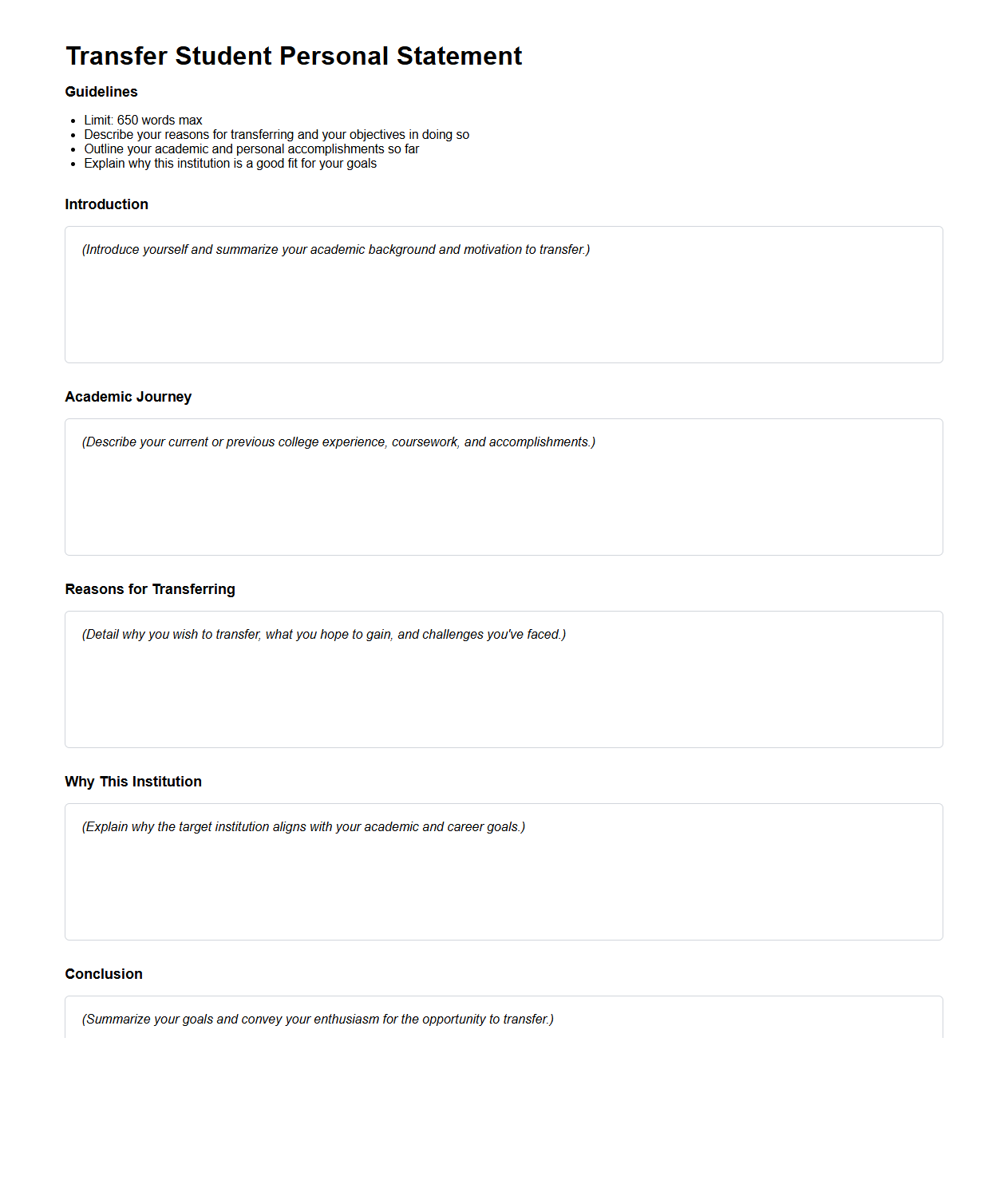 Transfer Student Personal Statement Layout