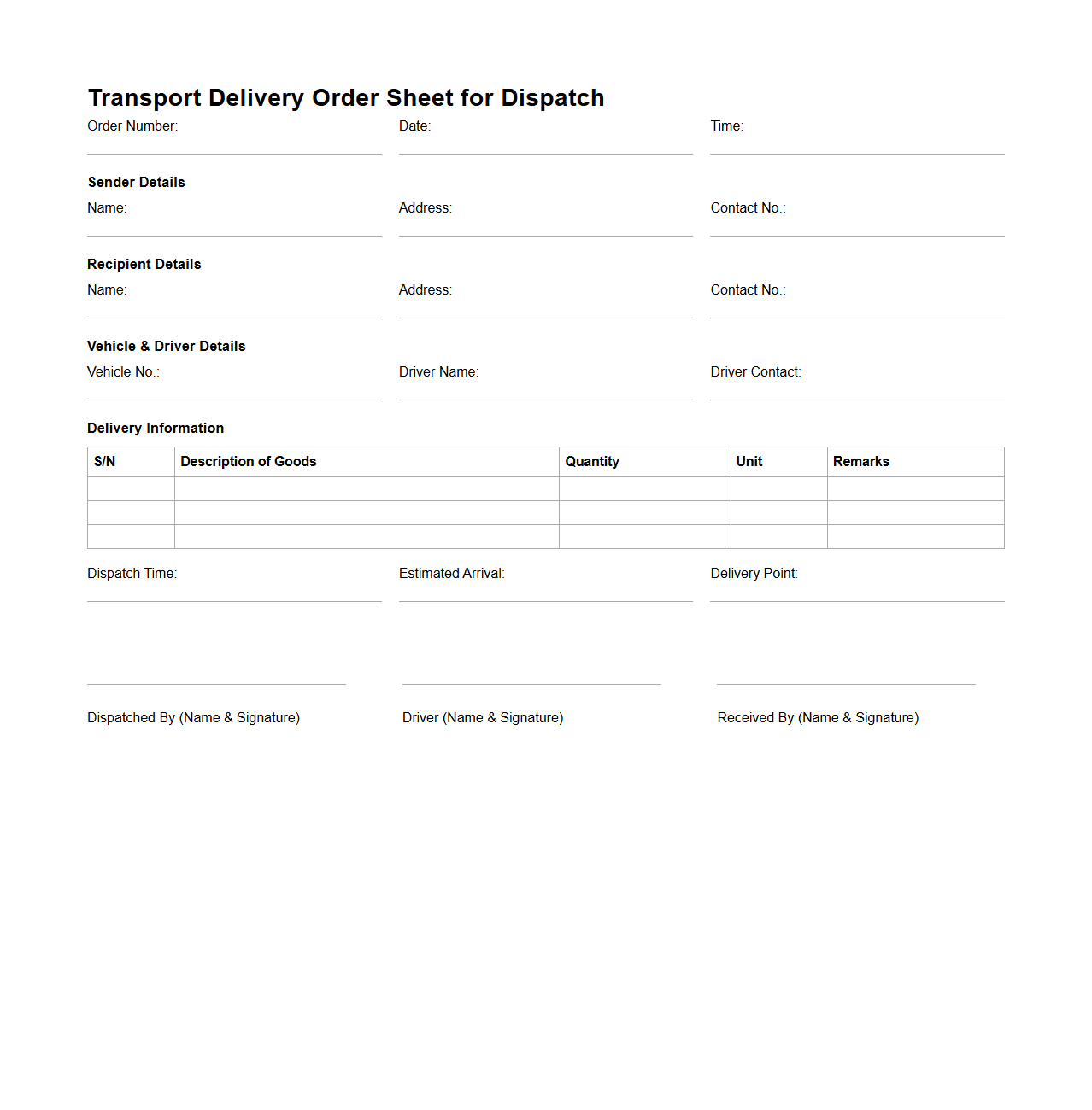 Transport Delivery Order Sheet for Dispatch
