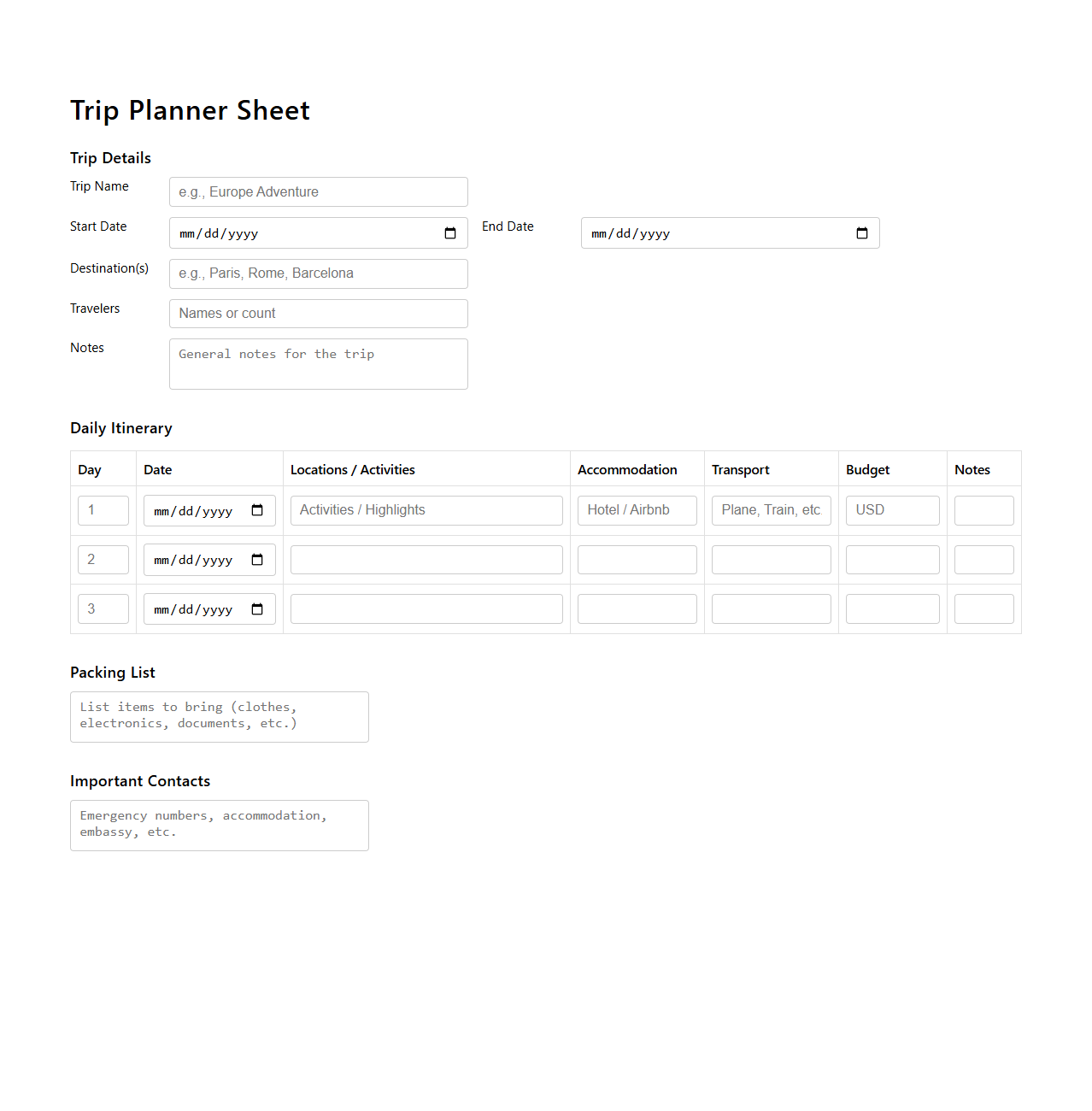 Trip Planner Sheet for Itinerary Structuring