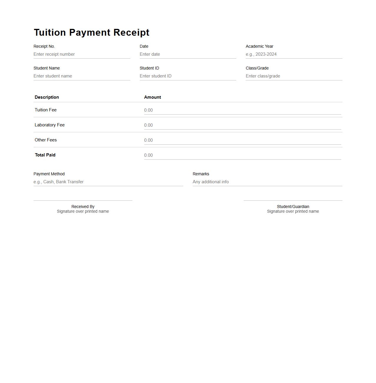 Tuition Payment Receipt Template for Schools