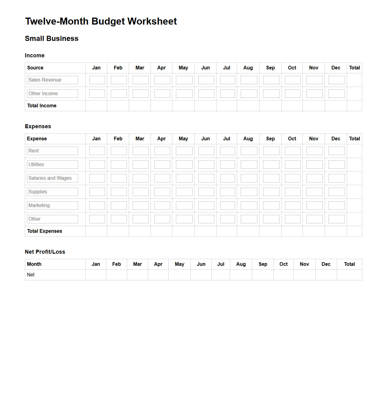 Twelve-Month Budget Worksheet for Small Business