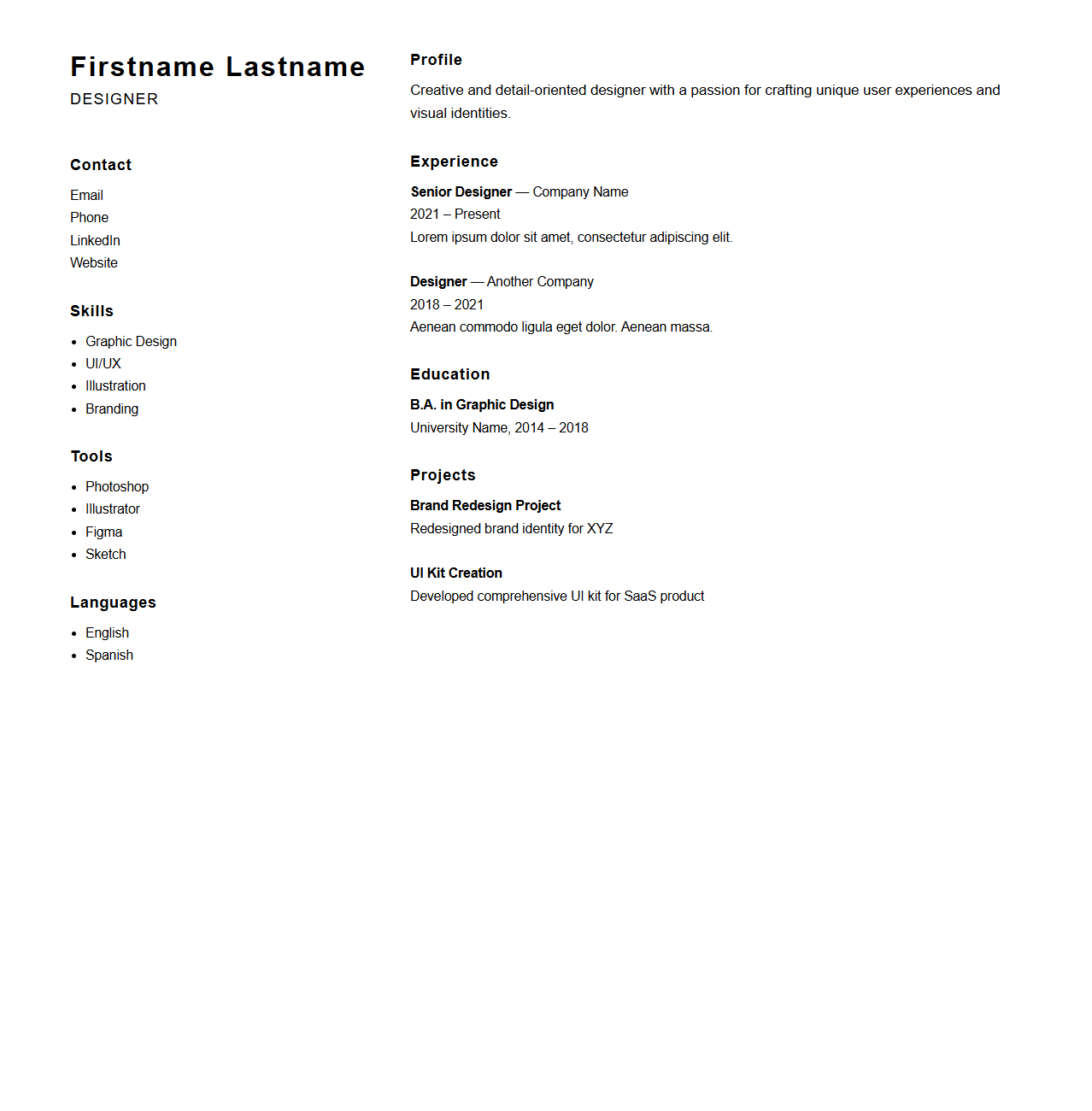Two-Column Designer Resume Structure