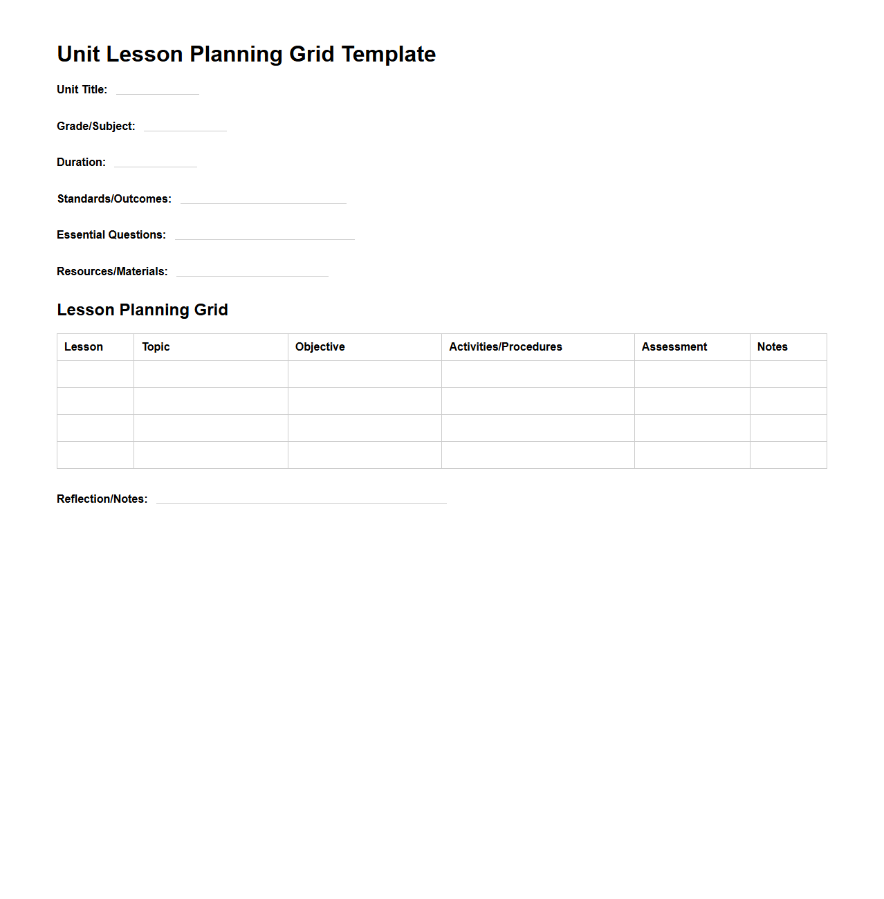Unit Lesson Planning Grid Template