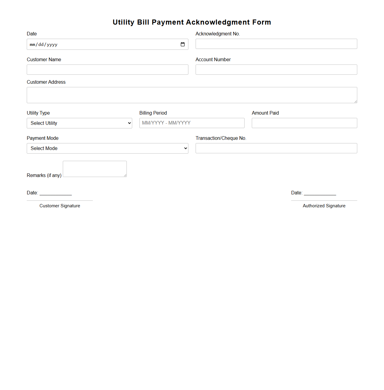 Utility Bill Payment Acknowledgment Form