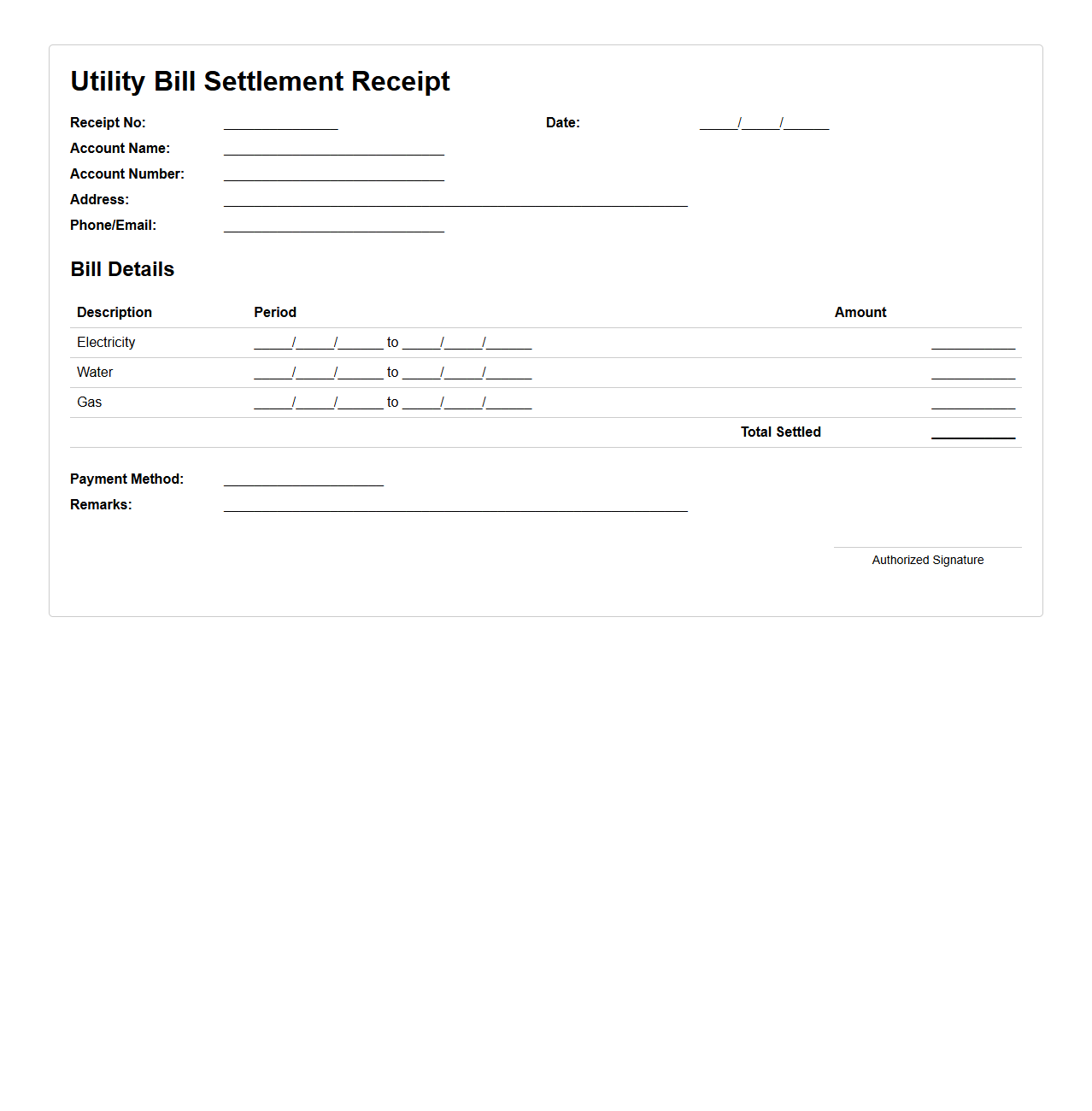 Utility Bill Settlement Receipt Sample