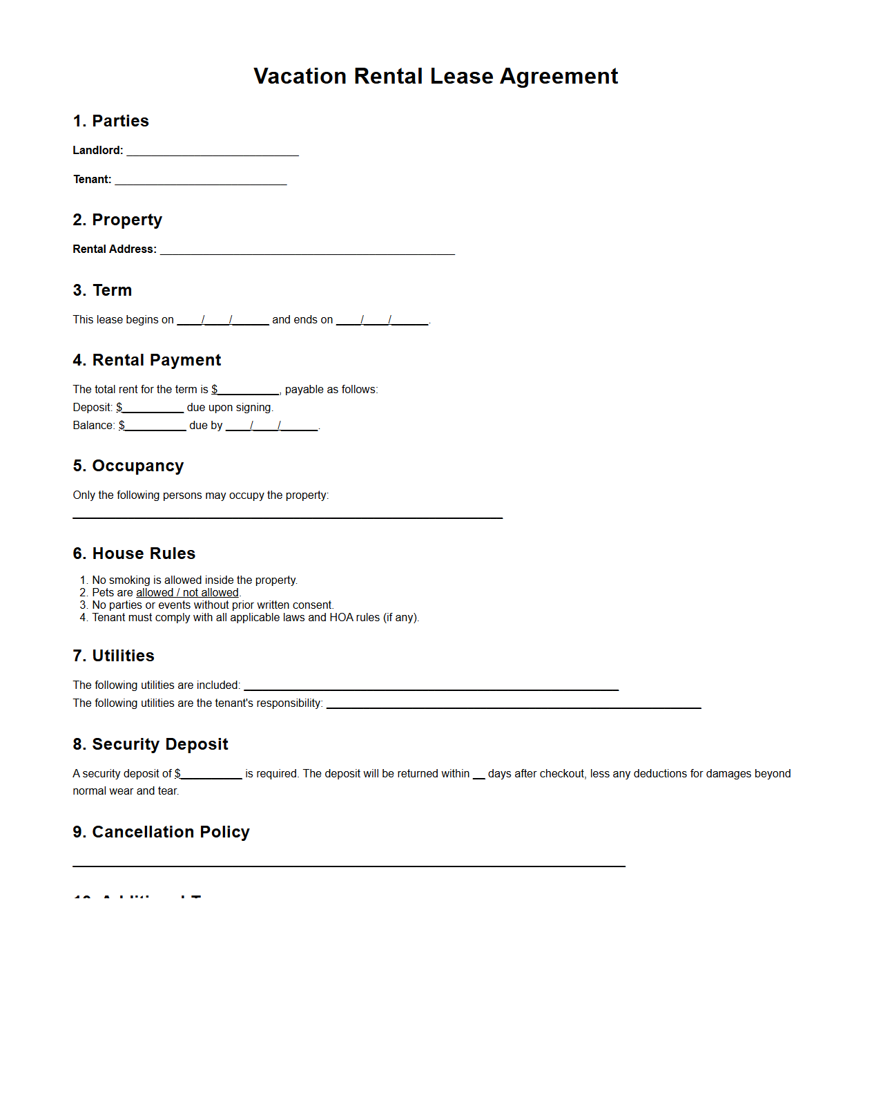 Vacation Rental Lease Document for Landlords