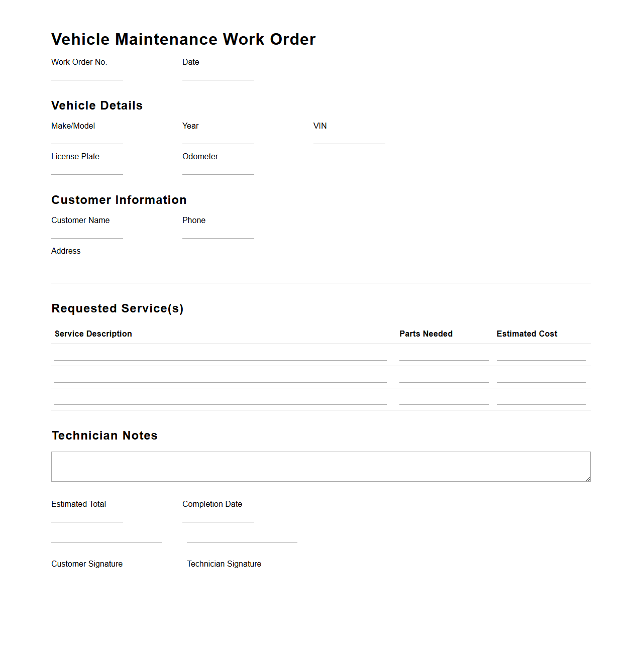 Vehicle Maintenance Work Order Template
