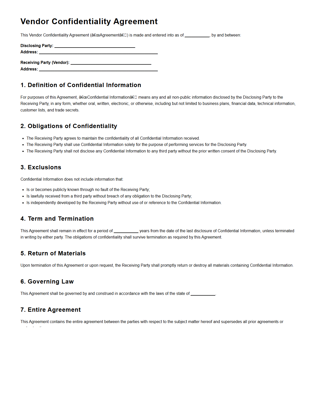Vendor Confidentiality Agreement Template