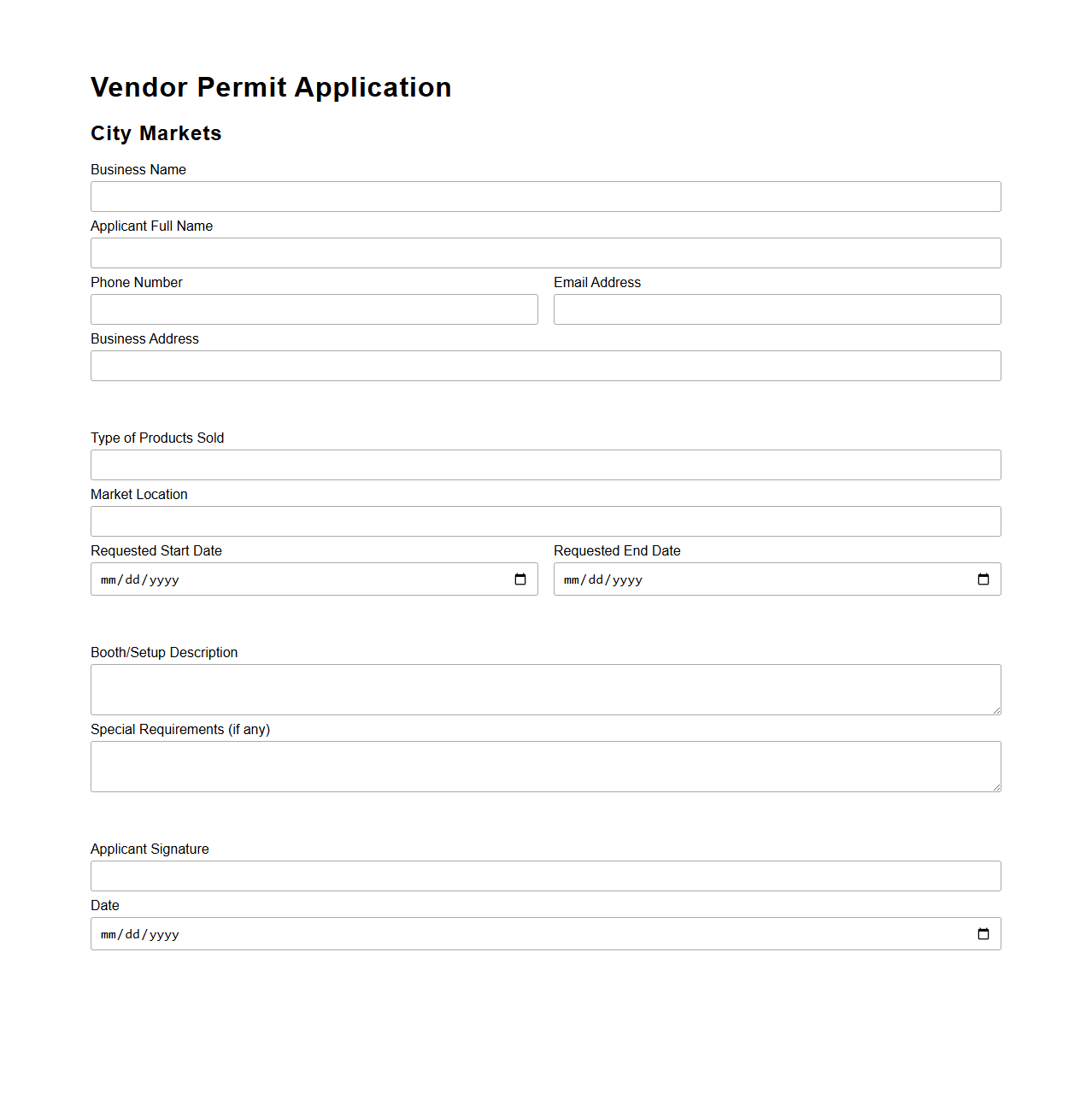 Vendor Permit Application Template for City Markets