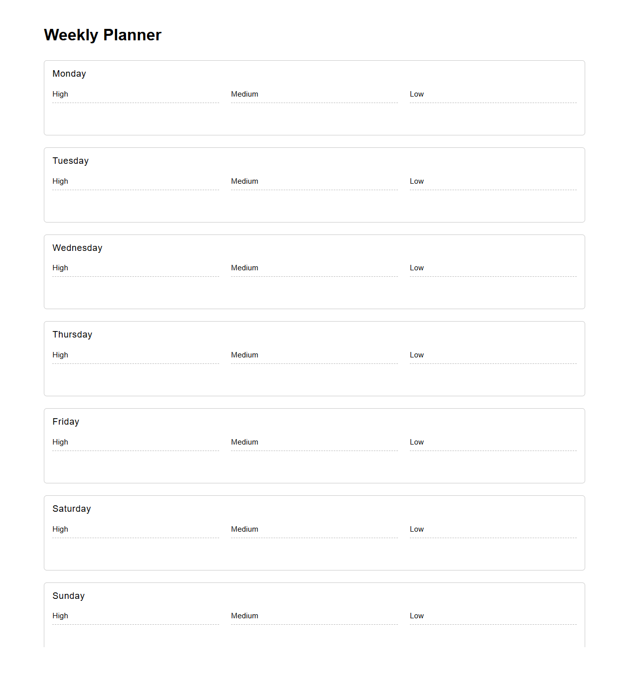 Vertical Weekly Planner Format for Prioritizing Tasks