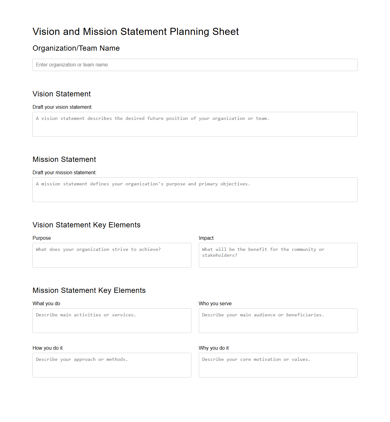 Vision and Mission Statement Planning Sheet