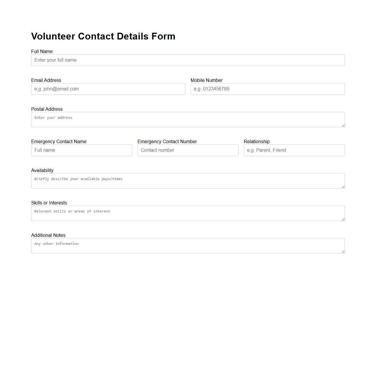 Volunteer Contact Details Form for Community Groups