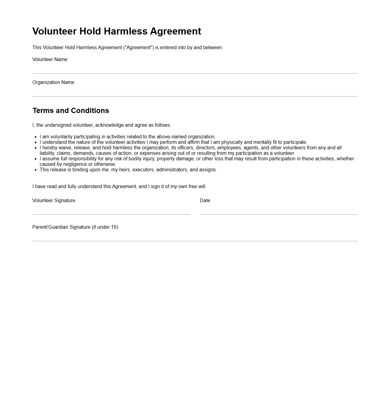 Volunteer Hold Harmless Agreement for Nonprofits