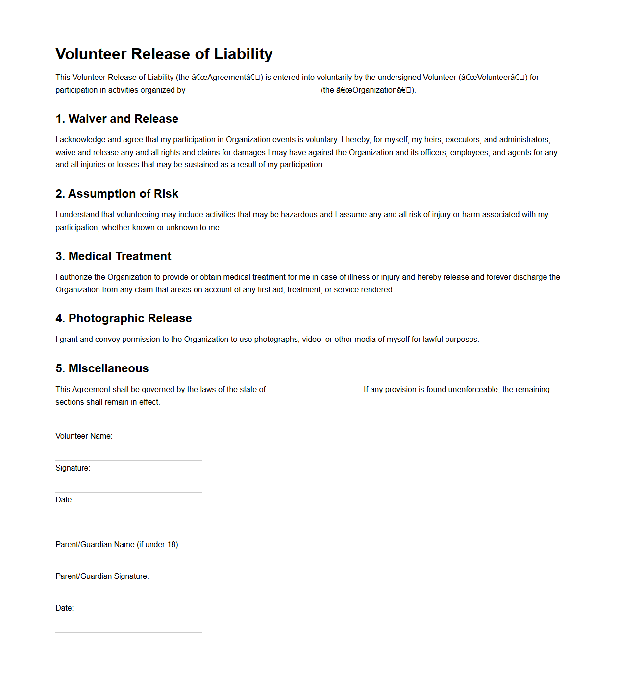 Volunteer Release of Liability Template