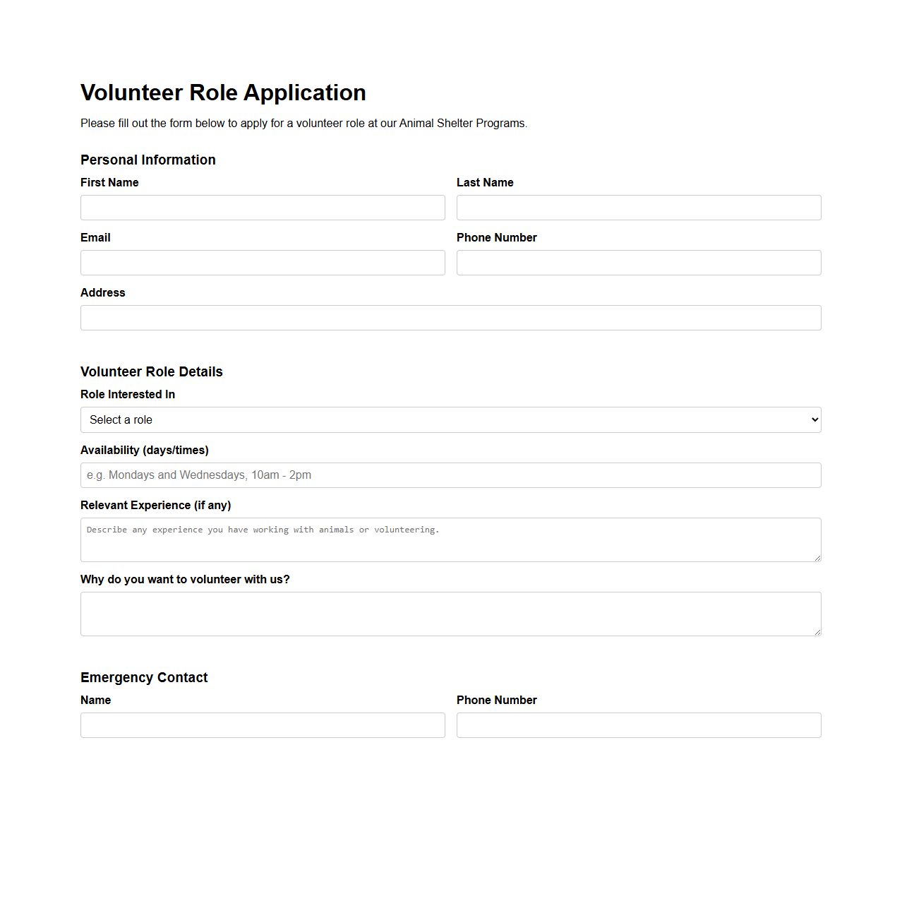 Volunteer Role Application for Animal Shelter Programs