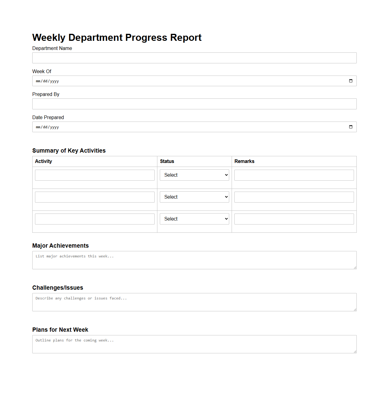 Weekly Department Progress Report Form