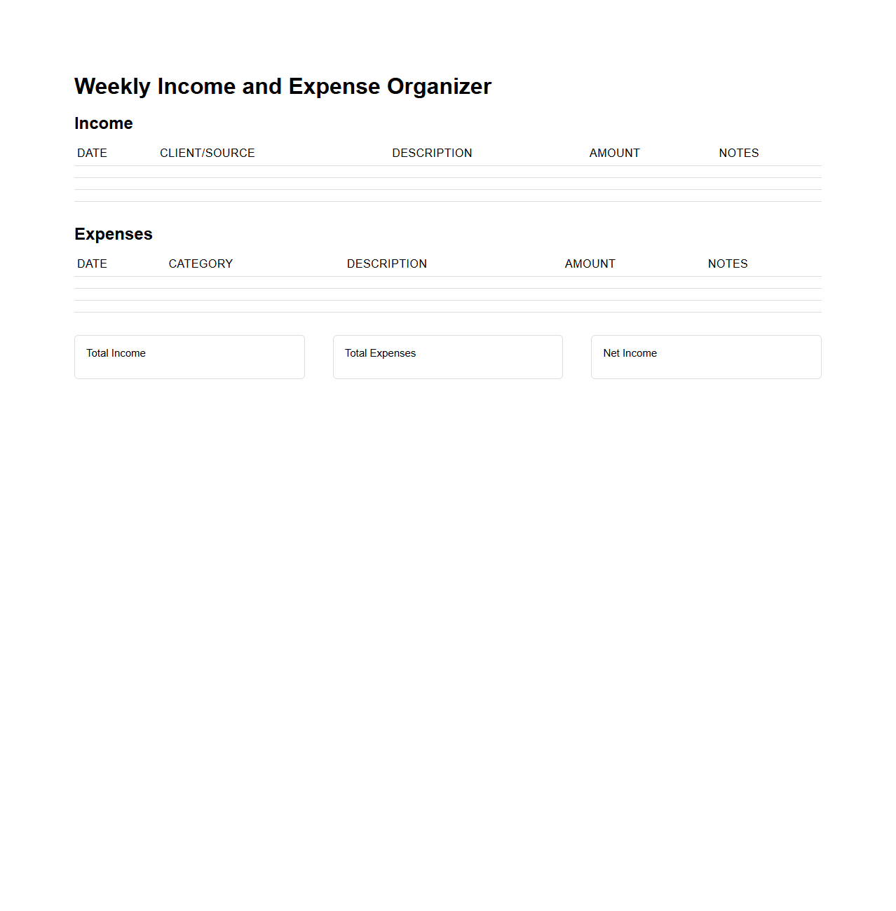 Weekly Income and Expense Organizer for Freelancers