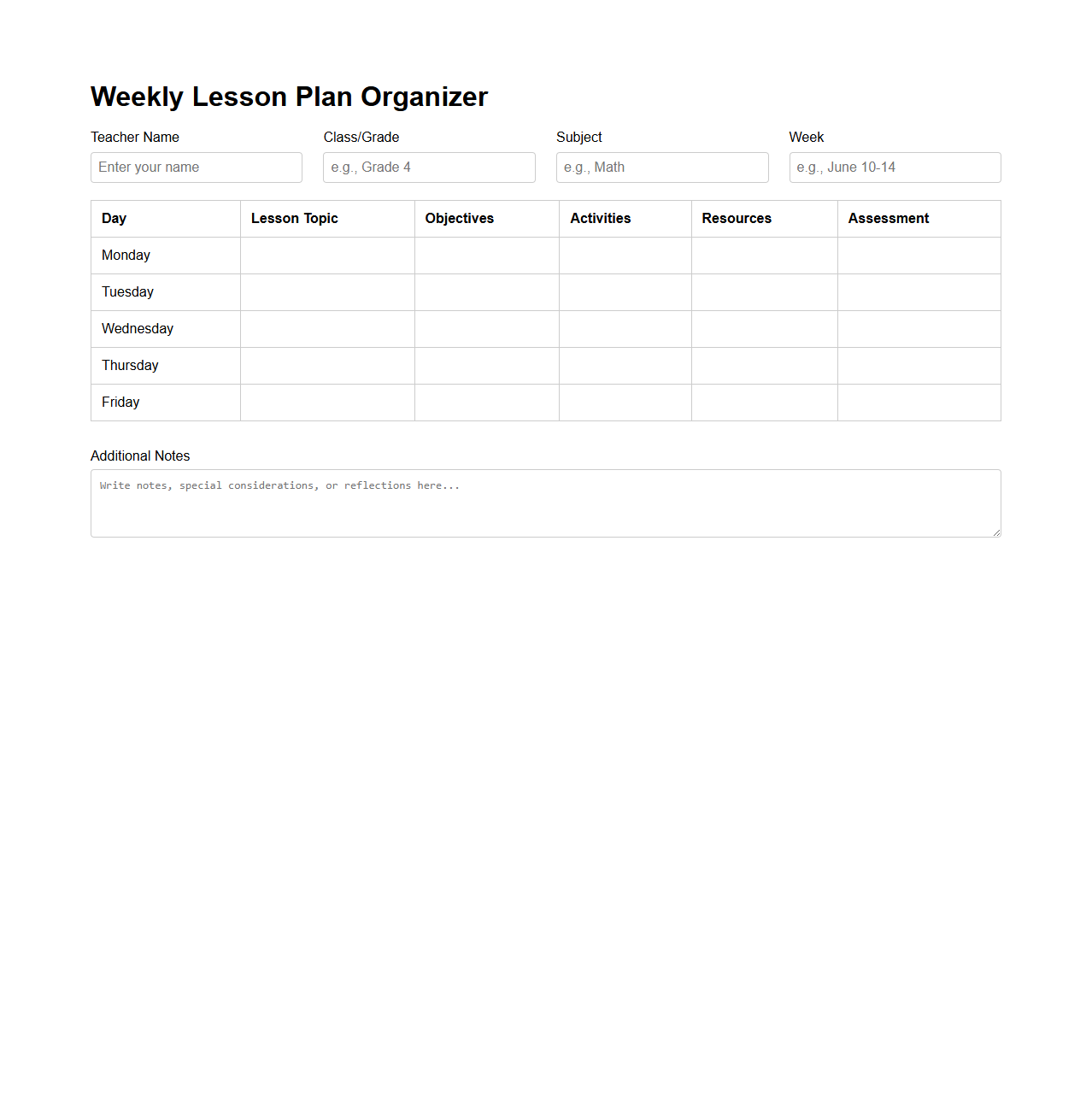 Weekly Lesson Plan Organizer for Teachers