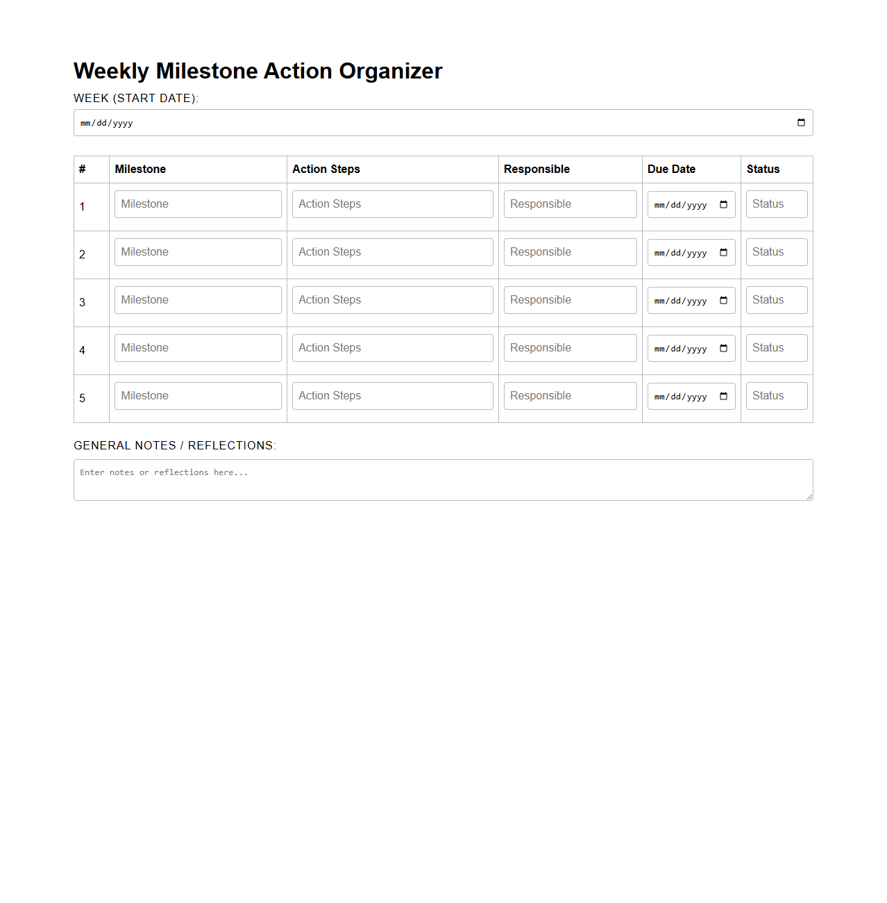 Weekly Milestone Action Organizer