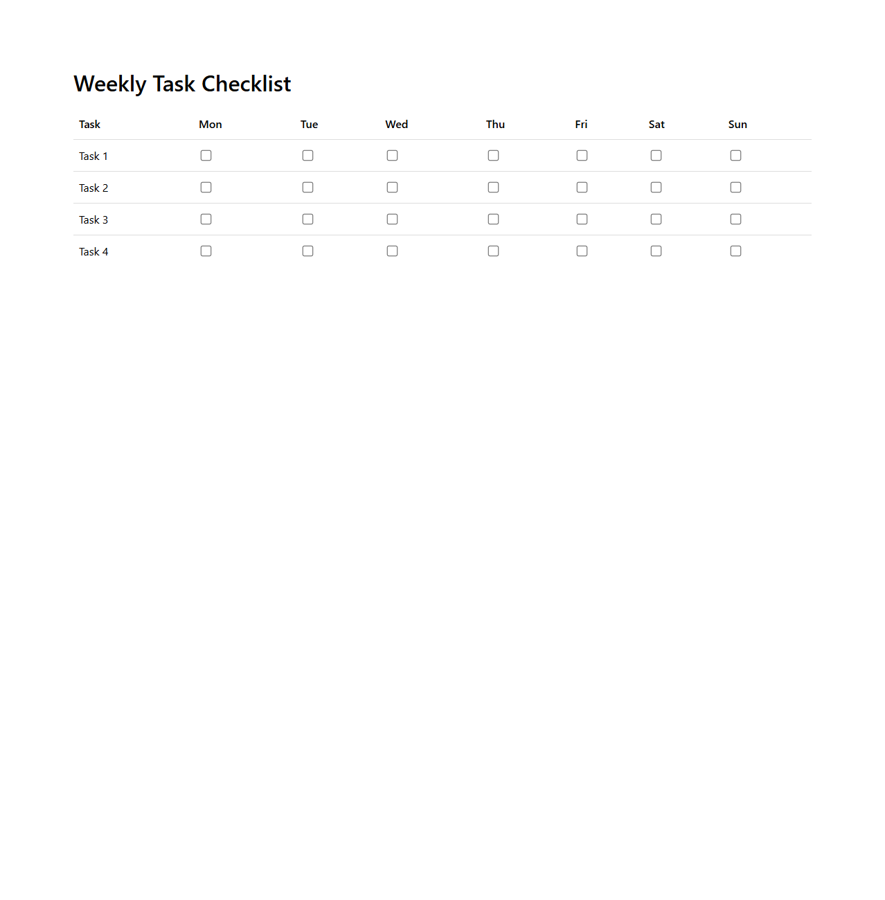 Weekly Task Checklist for Routine Tracking