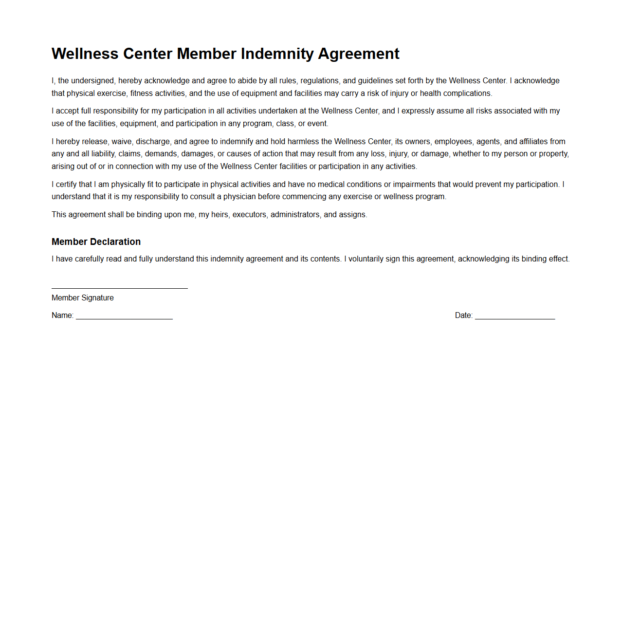 Wellness Center Member Indemnity Agreement