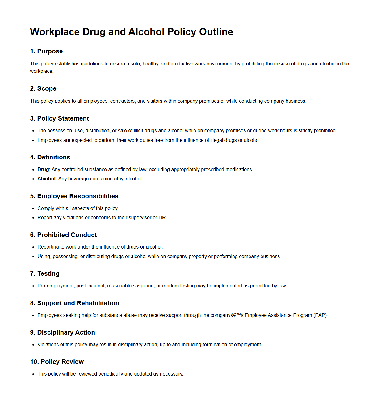 Workplace Drug and Alcohol Policy Outline