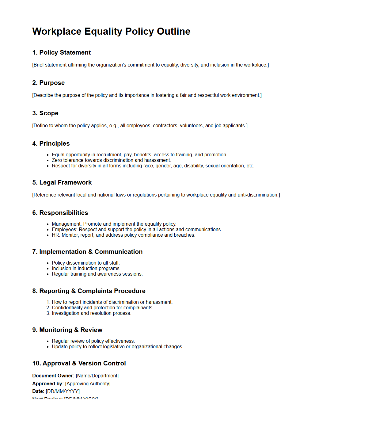 Workplace Equality Policy Outline Template