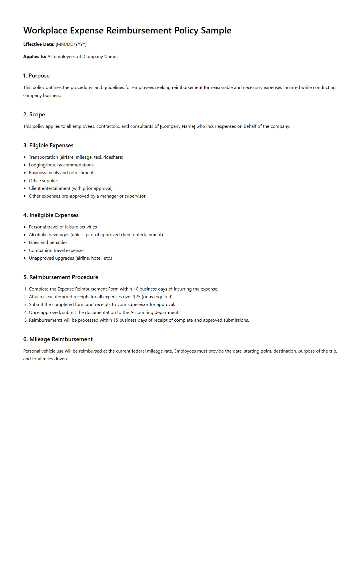 Workplace Expense Reimbursement Policy Sample