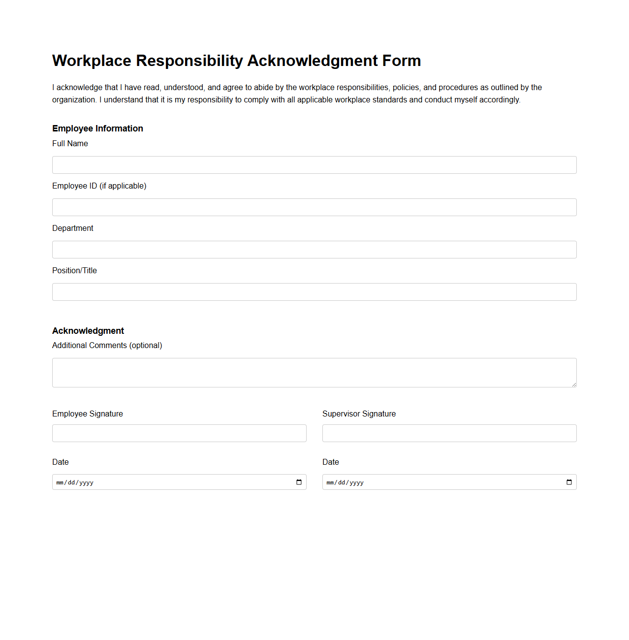 Workplace Responsibility Acknowledgment Form