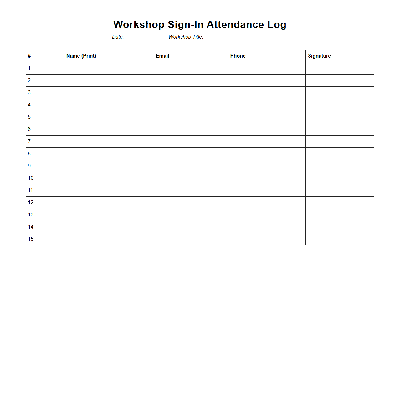 Workshop Sign-In Attendance Log