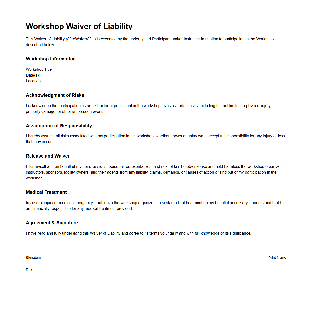 Workshop Waiver of Liability for Instructors and Participants