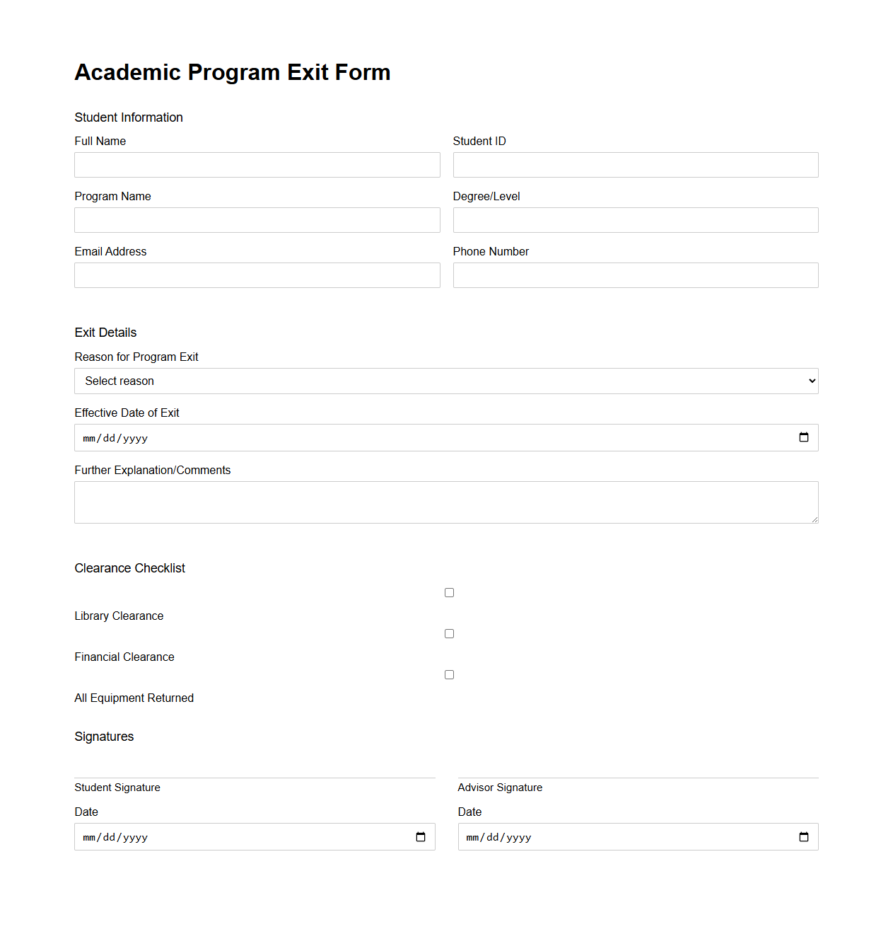 Academic Program Exit Form Template