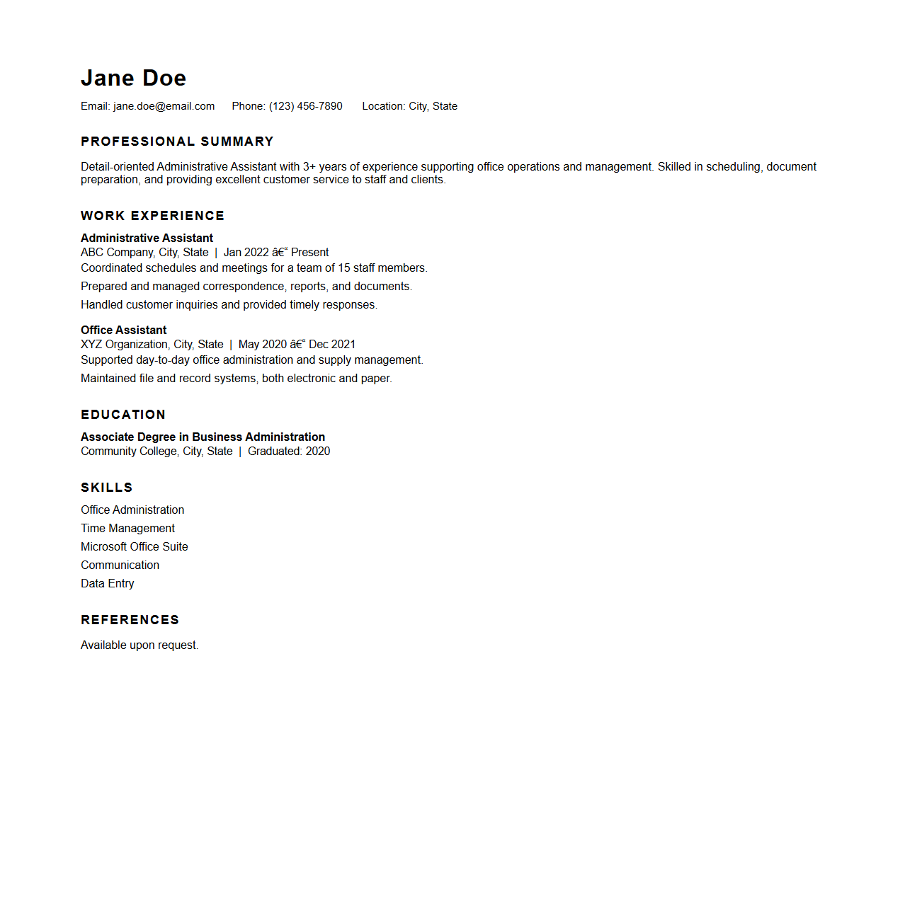 Administrative Assistant CV Format