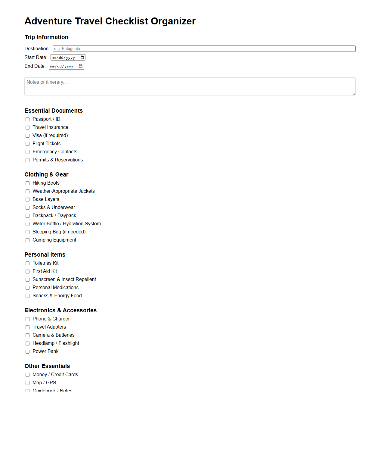 Adventure Travel Checklist Organizer
