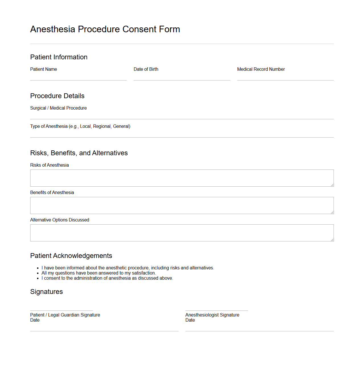 Anesthesia Procedure Consent Form Template