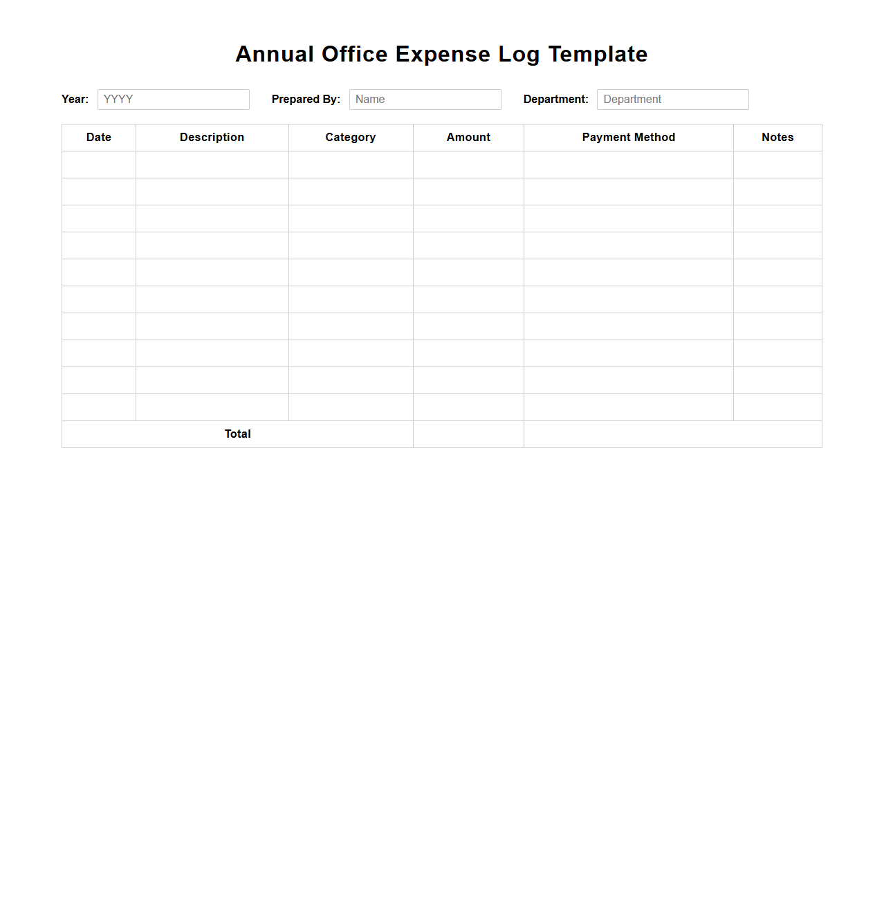 Annual Office Expense Log Template