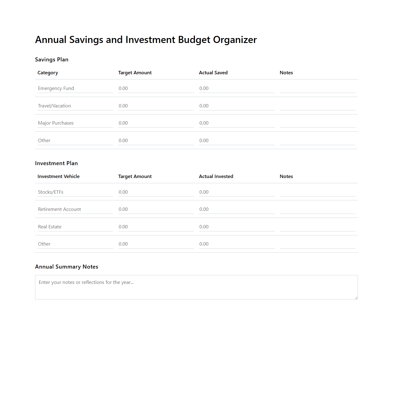Annual Savings and Investment Budget Organizer