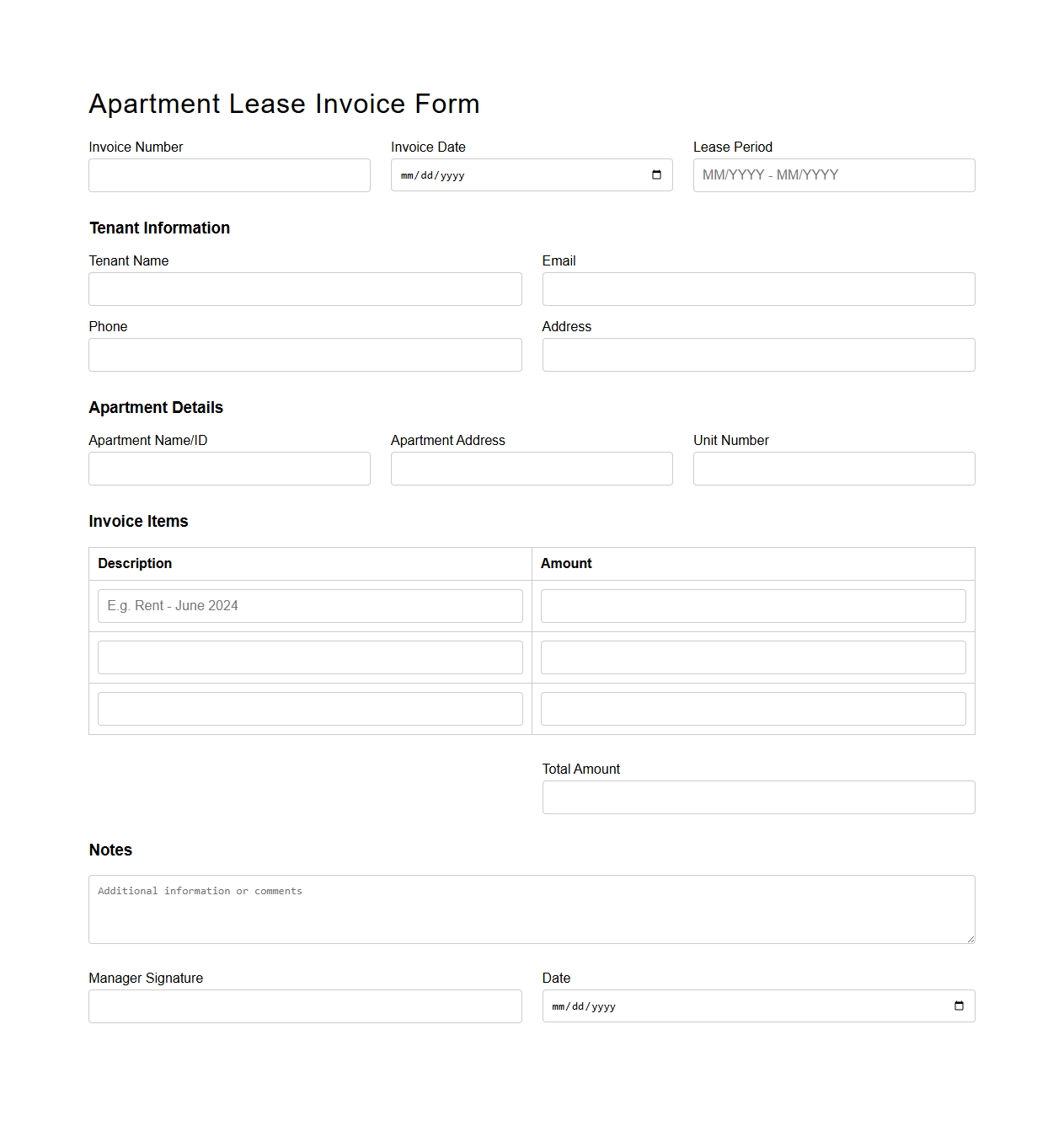 Apartment Lease Invoice Form for Managers