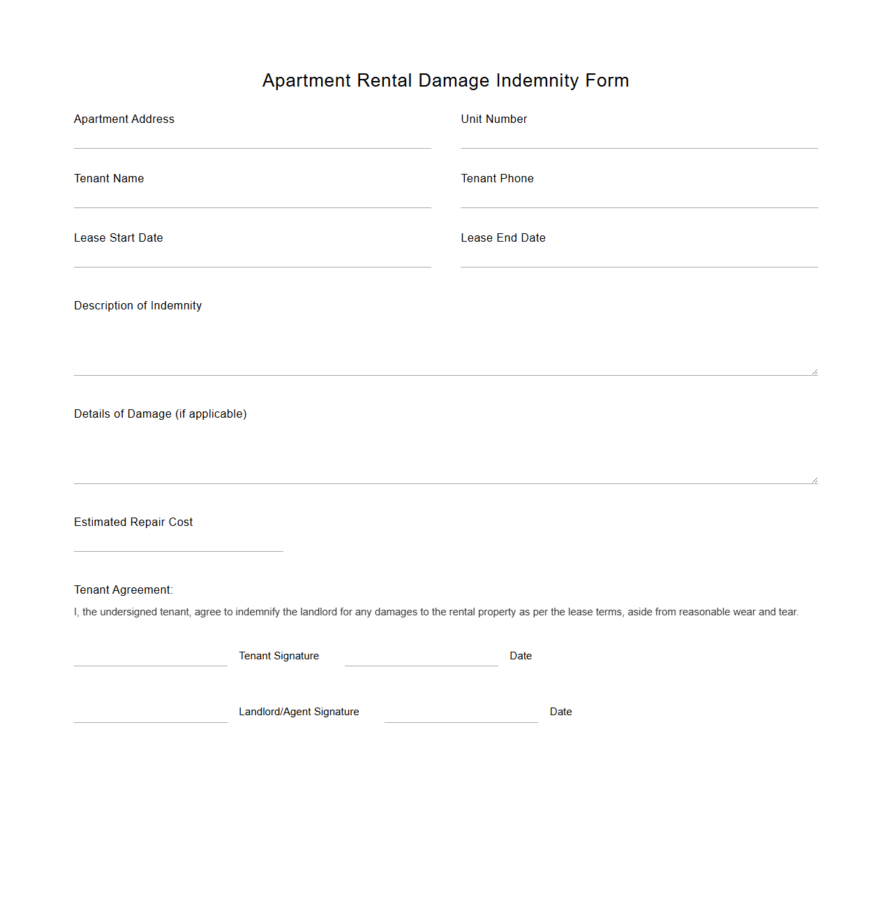 Apartment Rental Damage Indemnity Form