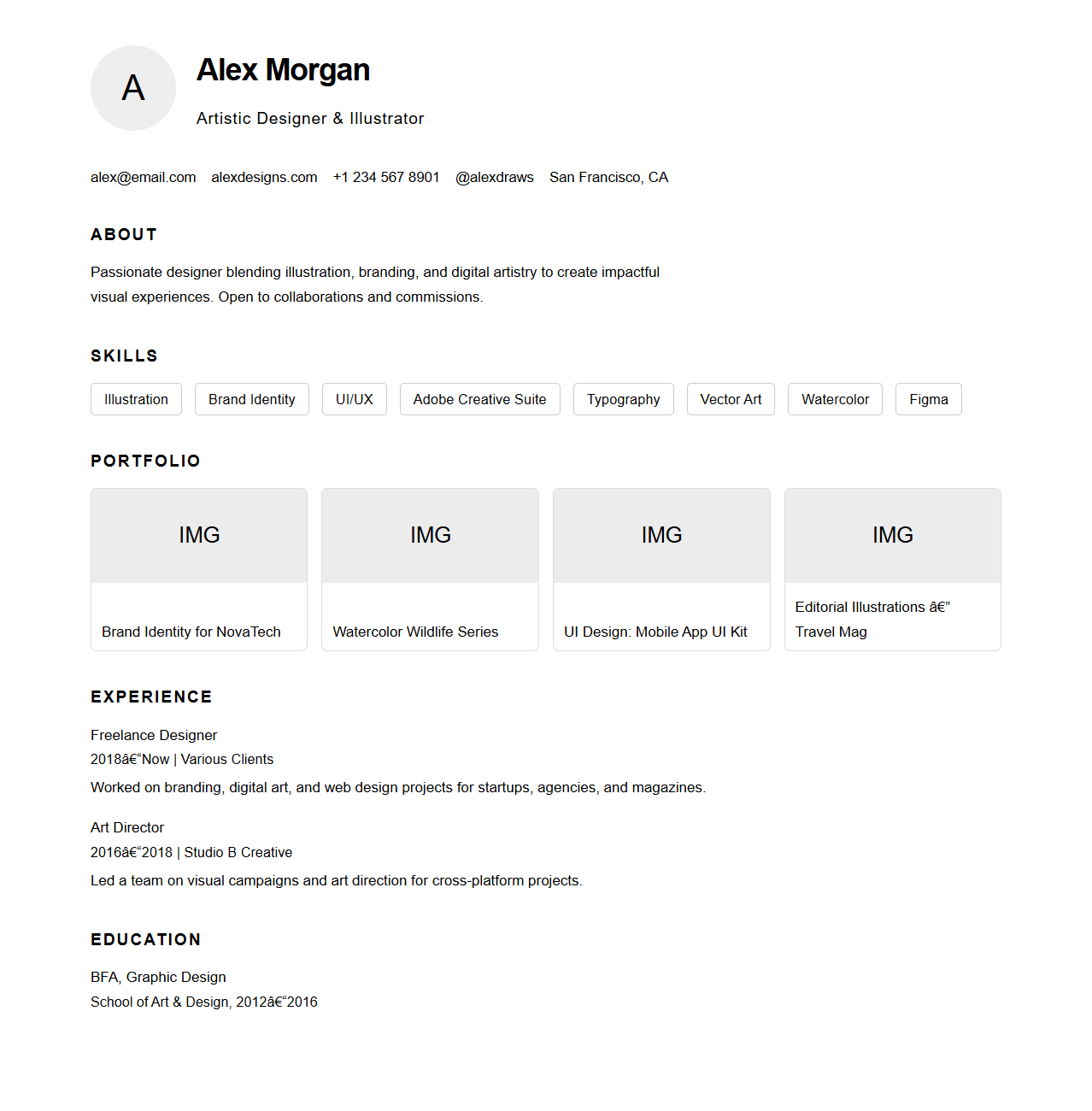 Artistic Portfolio Resume Layout for Designers