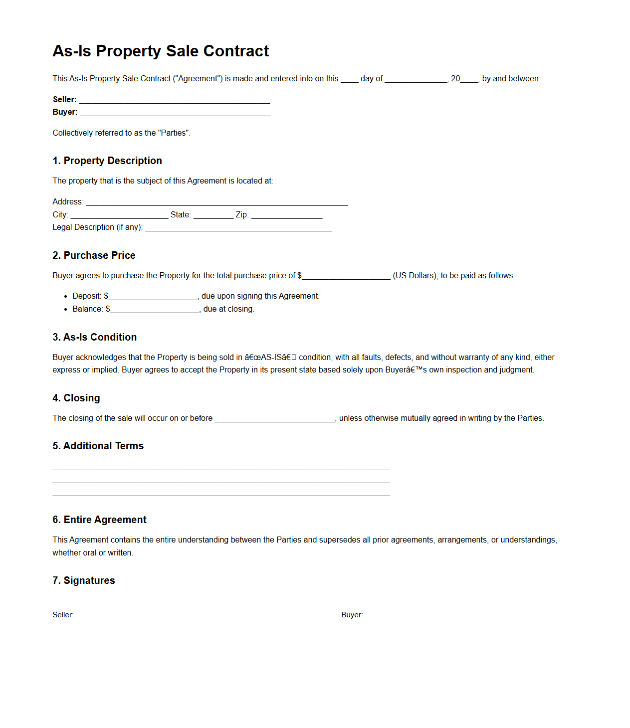 As-Is Property Sale Contract Template