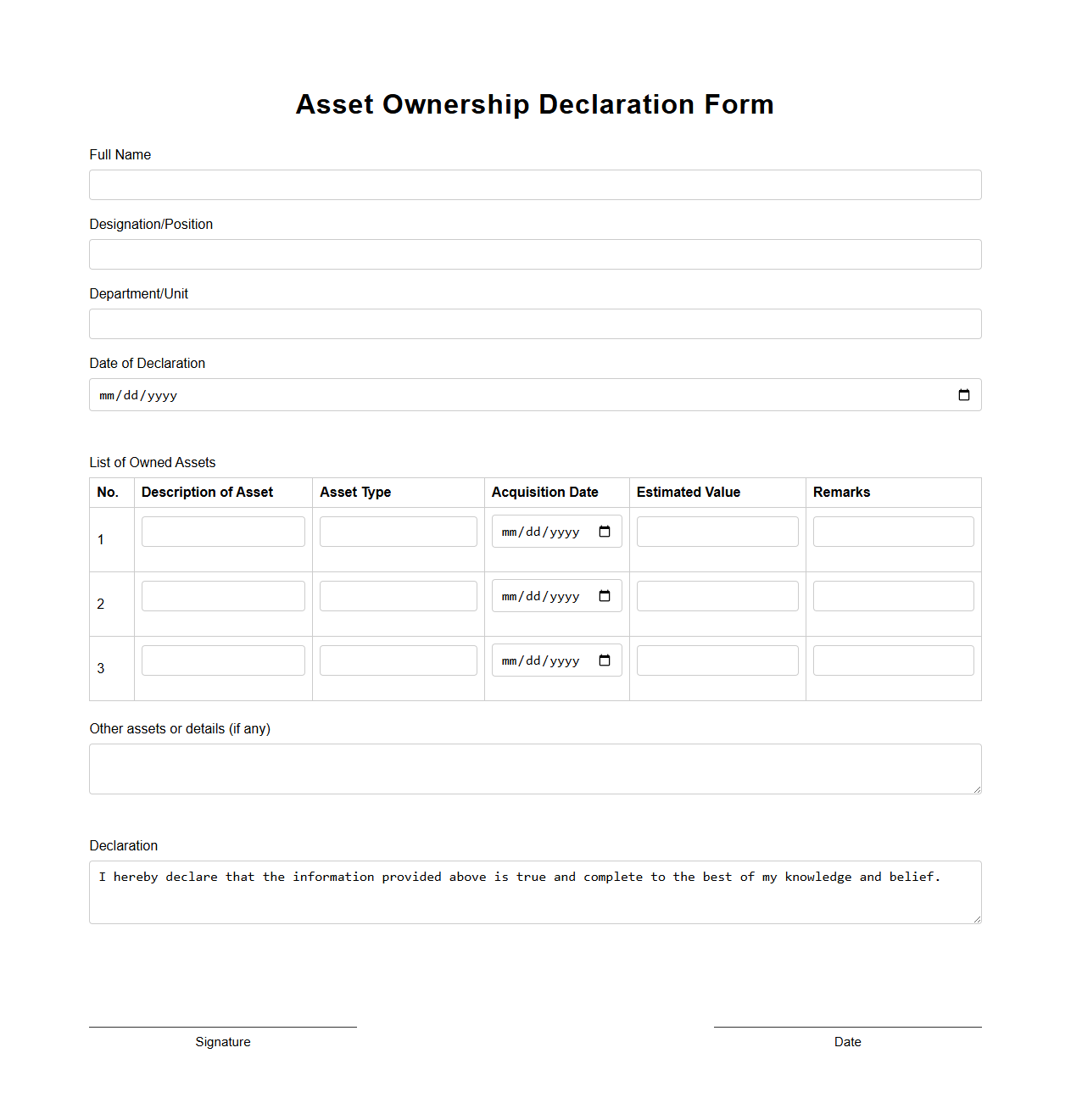 Asset Ownership Declaration Form