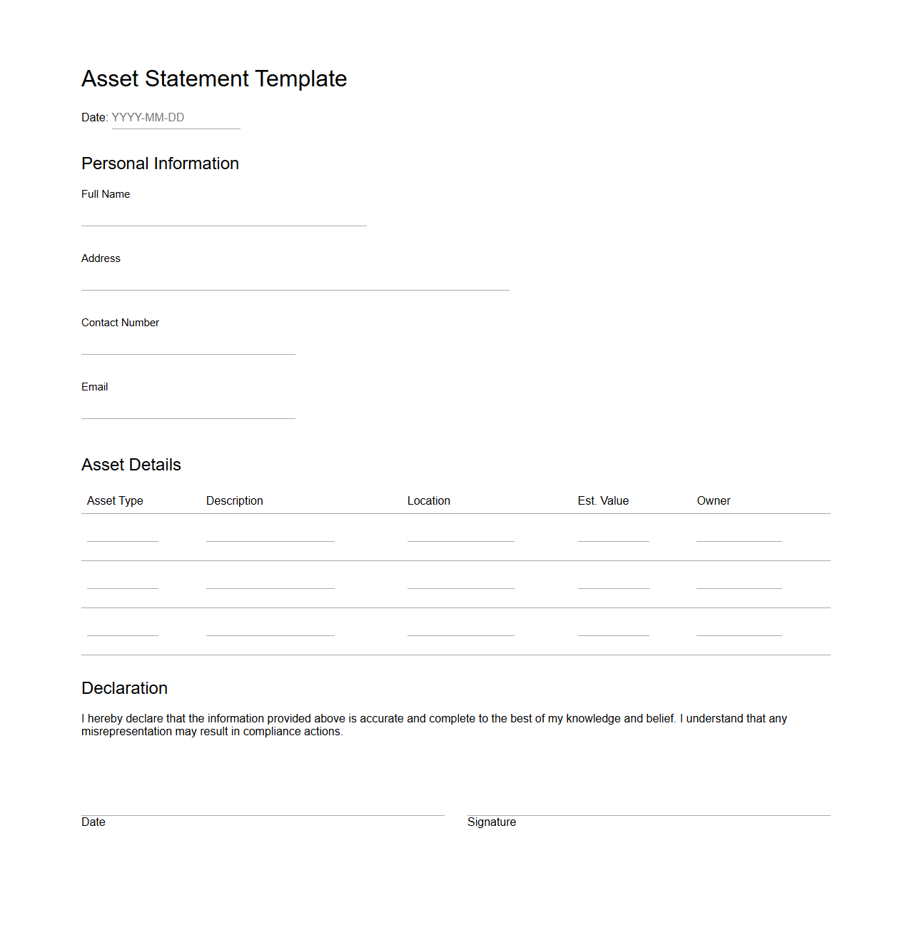 Asset Statement Template for Compliance