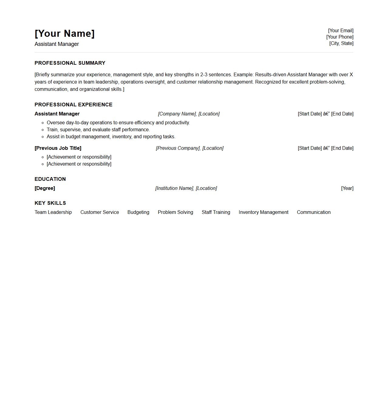 Assistant Manager Resume Template