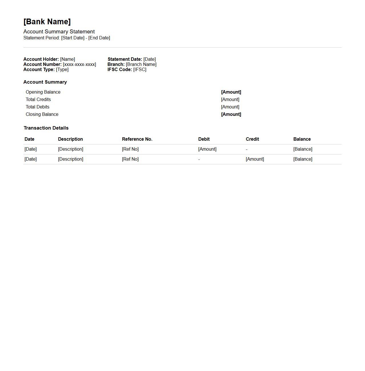 Bank Account Summary Statement Layout