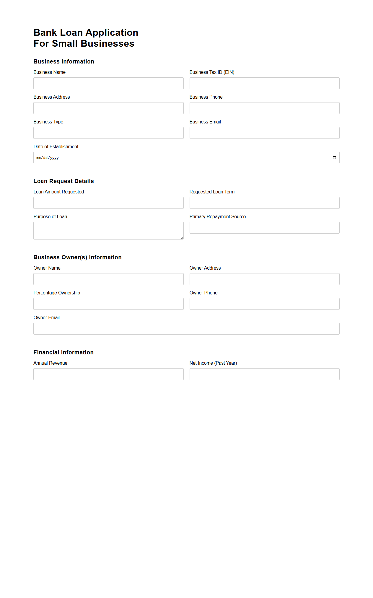 Bank Loan Application Template for Small Businesses